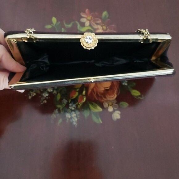 Vintage Luxe Clutch Evening Bag Gold Chain Wristlet Mob Wife Bling Black - Picture 6 of 7